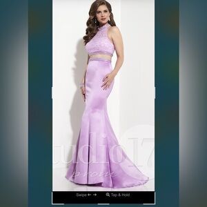 2 Piece Purple Halter Mermaid Satin Lace Dress Formal Gown Lilac Orchid Size 12